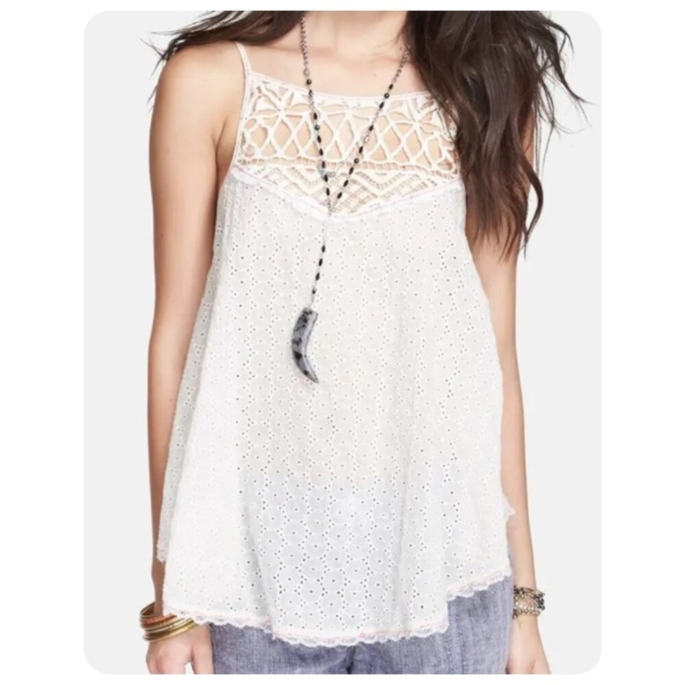 Free People White Eyelet Crochet Tank Top sz xs